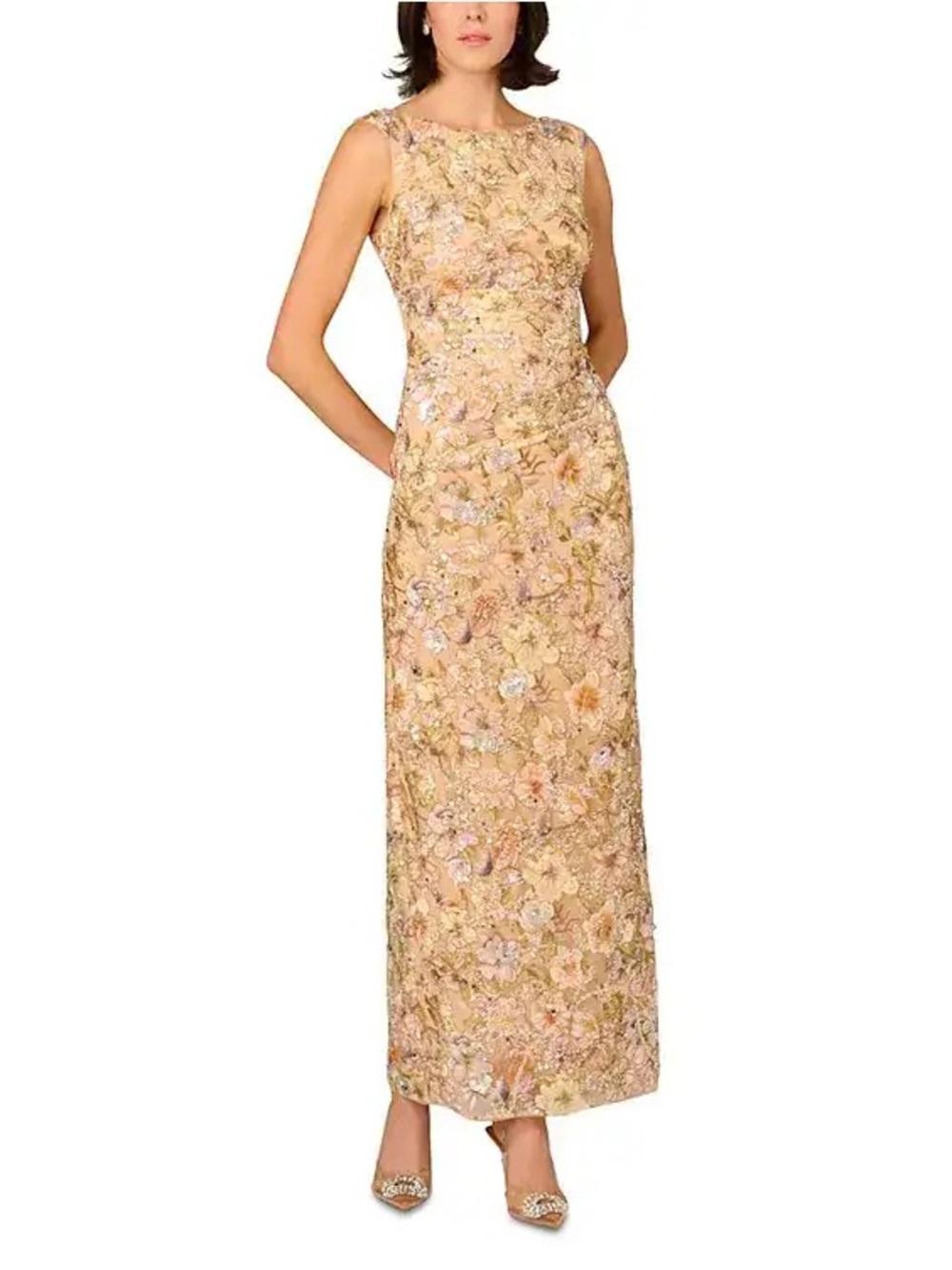 Aidan Mattox Gold Floral Brocade Sleeveless Maxi Gown